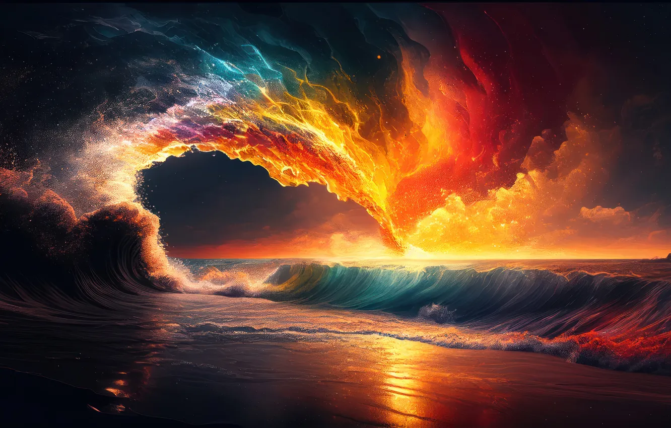 Фото обои Beach, Sunset, Digital Art, Scenery, Waves, AI Generated