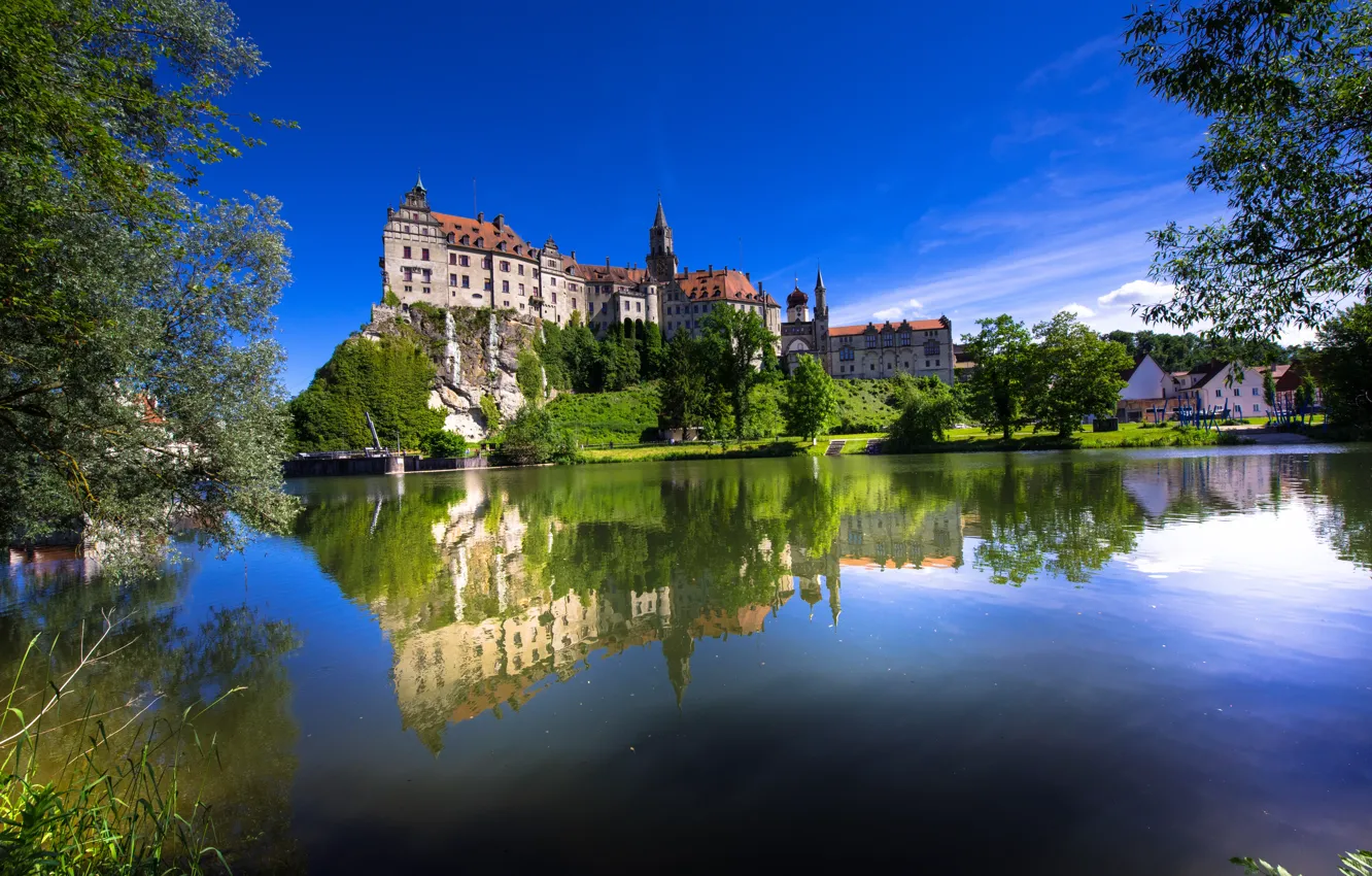 Фото обои деревья, скала, отражение, река, замок, Германия, Germany, Баден-Вюртемберг