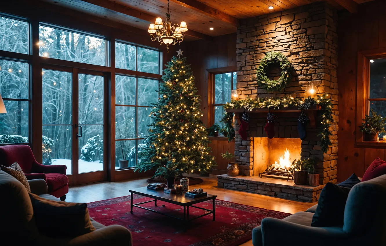 Фото обои комната, елка, новый год, интерьер, Рождество, Christmas, view, tree