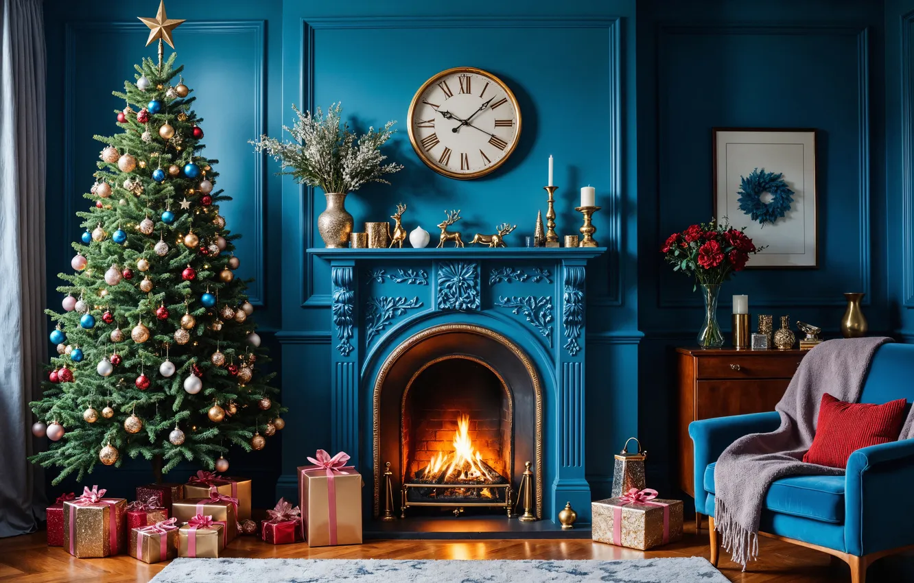 Фото обои комната, елка, интерьер, Рождество, Новый год, камин, Christmas, view