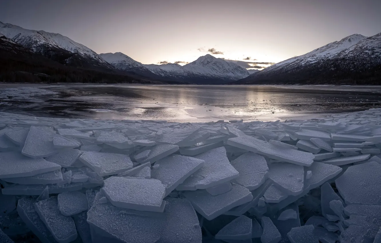 Фото обои горы, озеро, лёд
