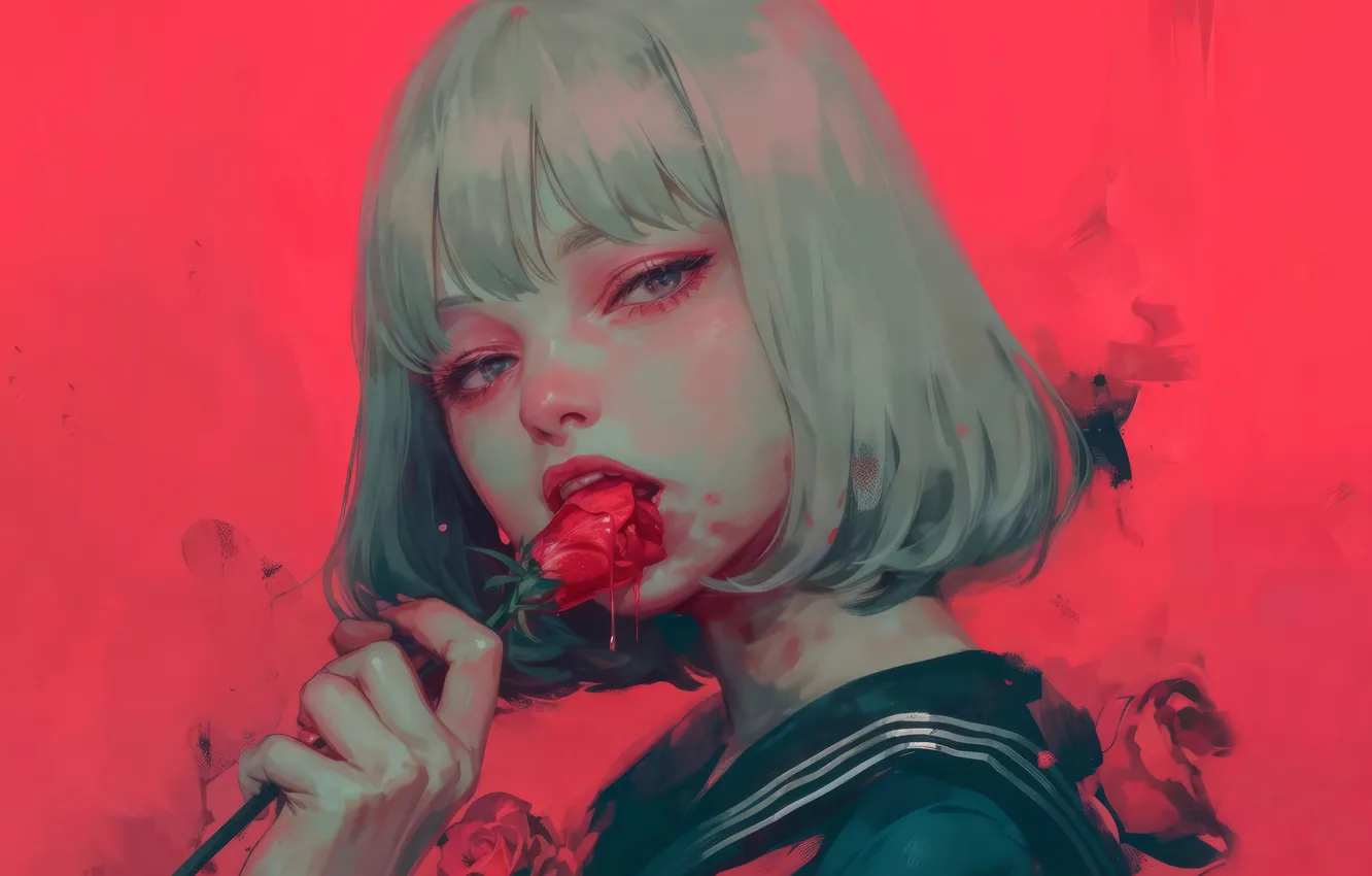 Фото обои Rose, Short Hair, red background, Anime Girls