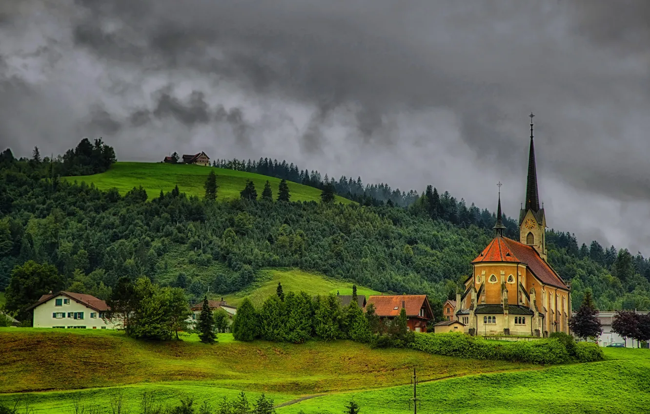 Фото обои деревья, холмы, поля, HDR, дома, Швейцария, склон, церковь