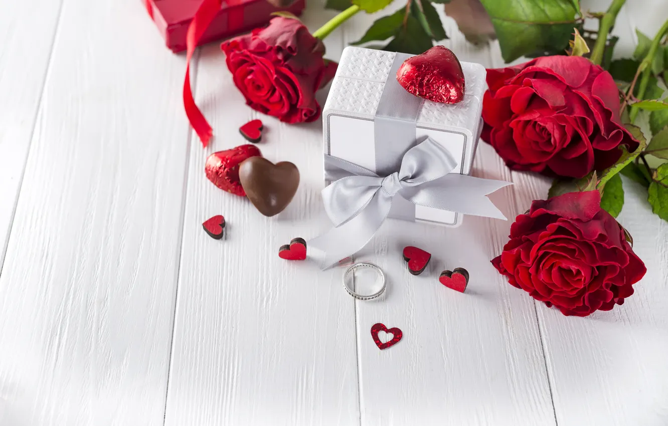 Фото обои цветы, подарок, розы, букет, сердечки, красные, red, love
