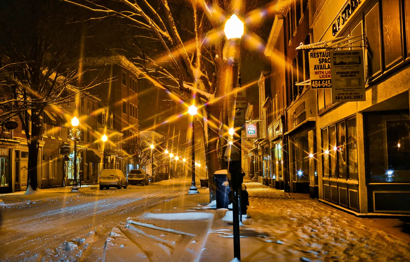 Фото обои зима, дорога, снег, ночь, city, город, lights, огни