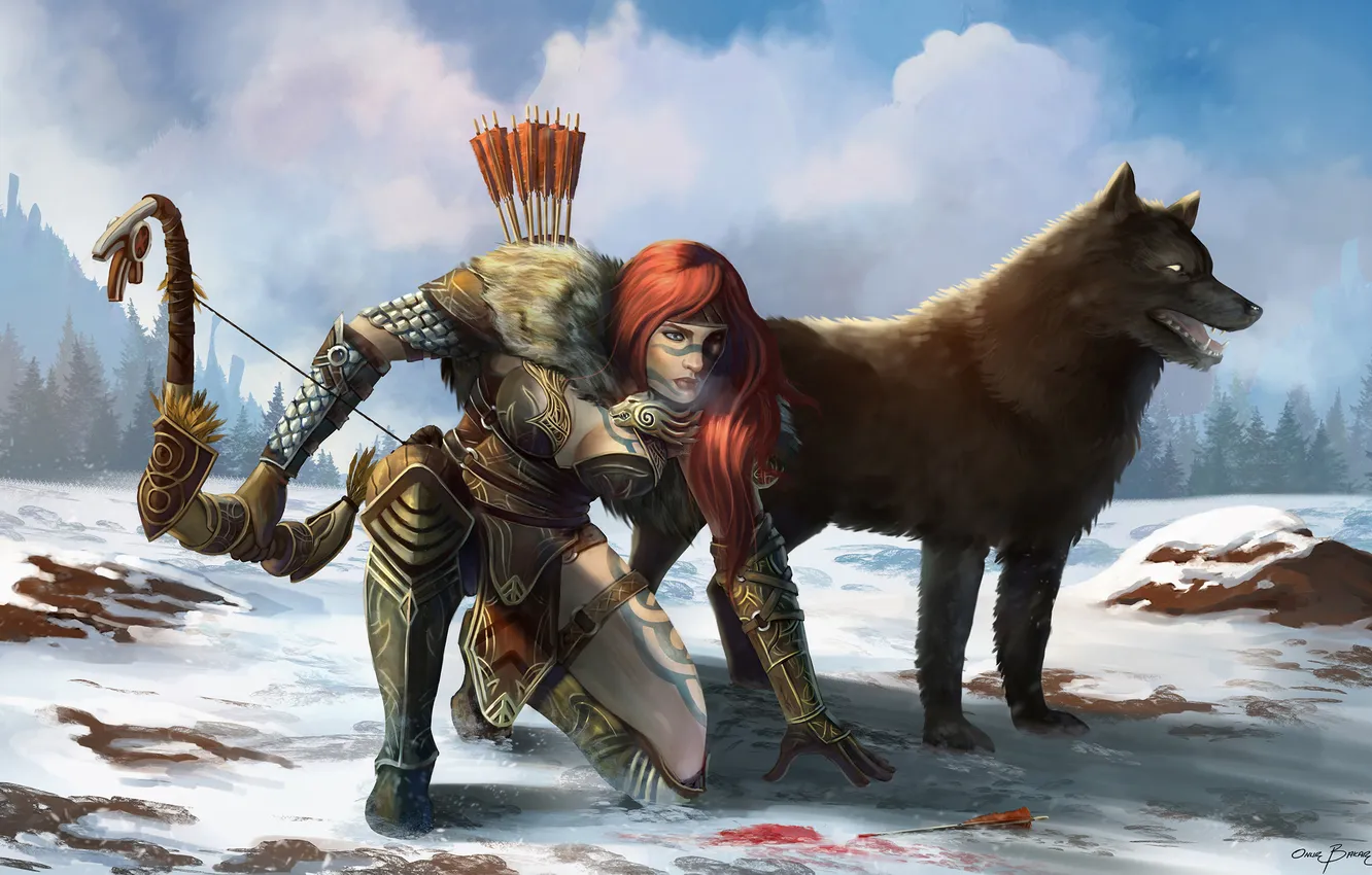 Фото обои девушка, снег, кровь, волк, лук, арт, Guild Wars 2