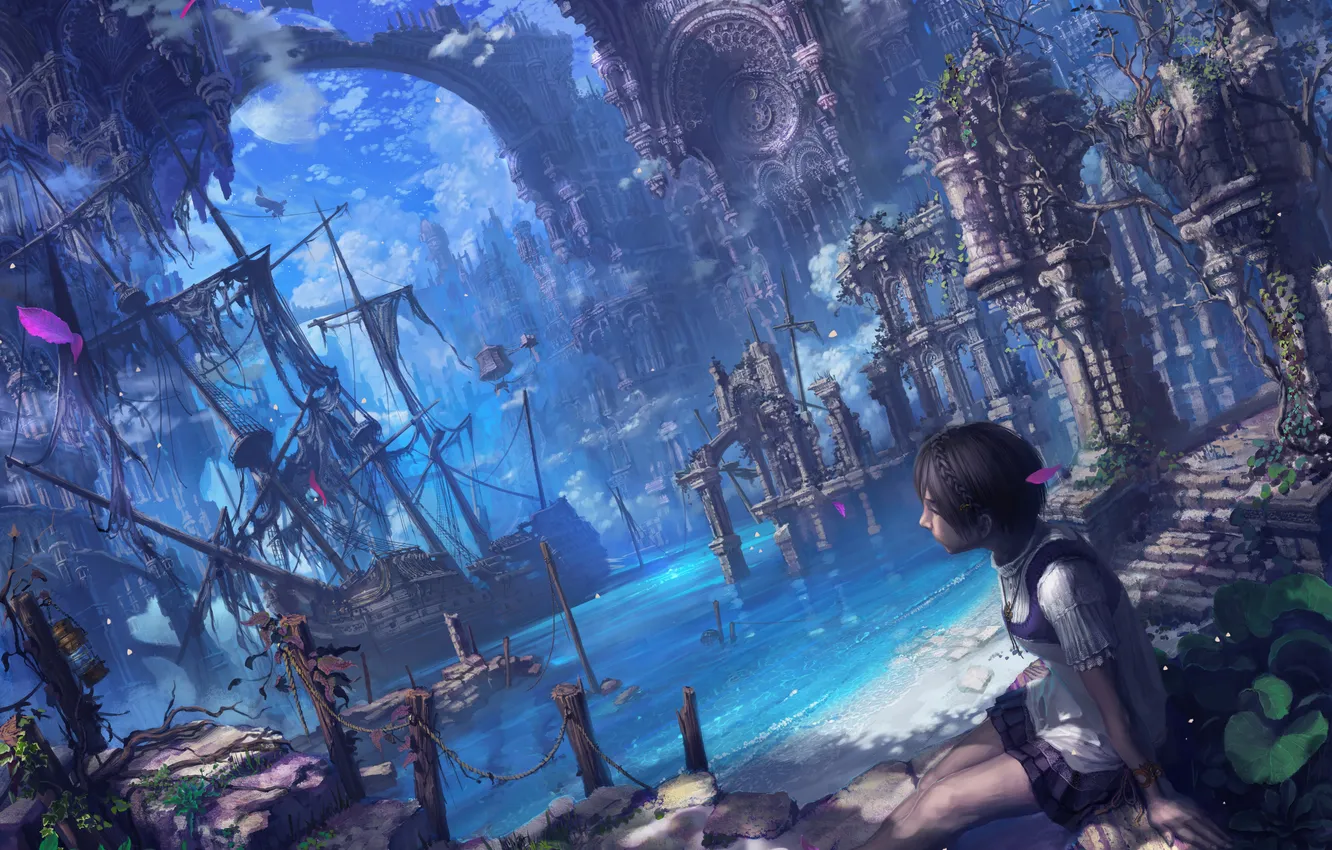 Фото обои девушка, корабль, руины, сидит, art, древний город, reishin, мору