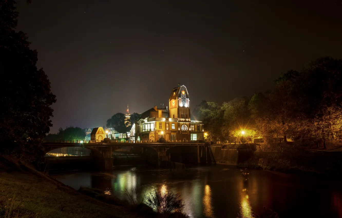 Фото обои ночь, мост, дом, река, здание, Чехия, republic, czech