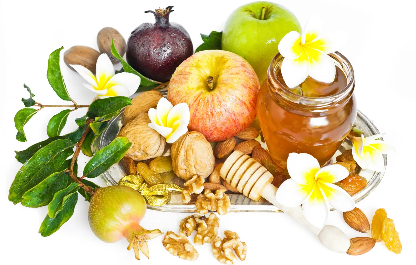 Фото обои цветы, яблоко, мед, сладости, мёд, flowers, миндаль, гранат