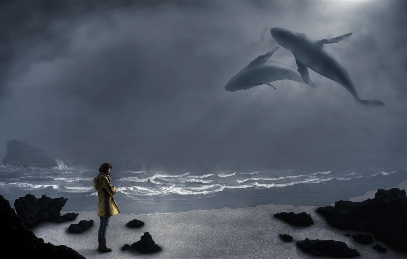 Фото обои море, небо, взгляд, девушка, сапоги, киты, волны. камни, желтая куртка