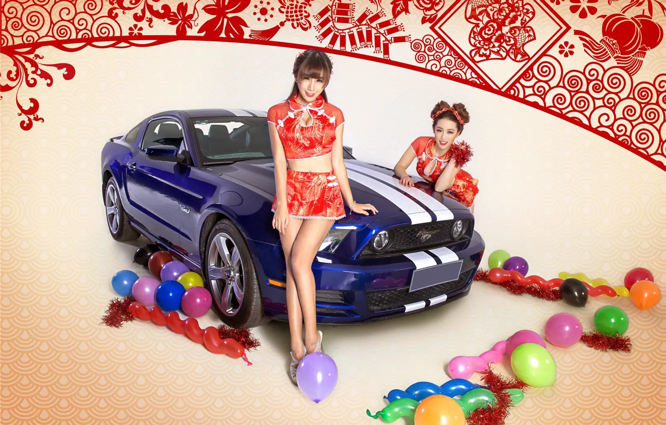 Фото обои авто, взгляд, шарики, праздник, Ford, Девушки, красивые девушки