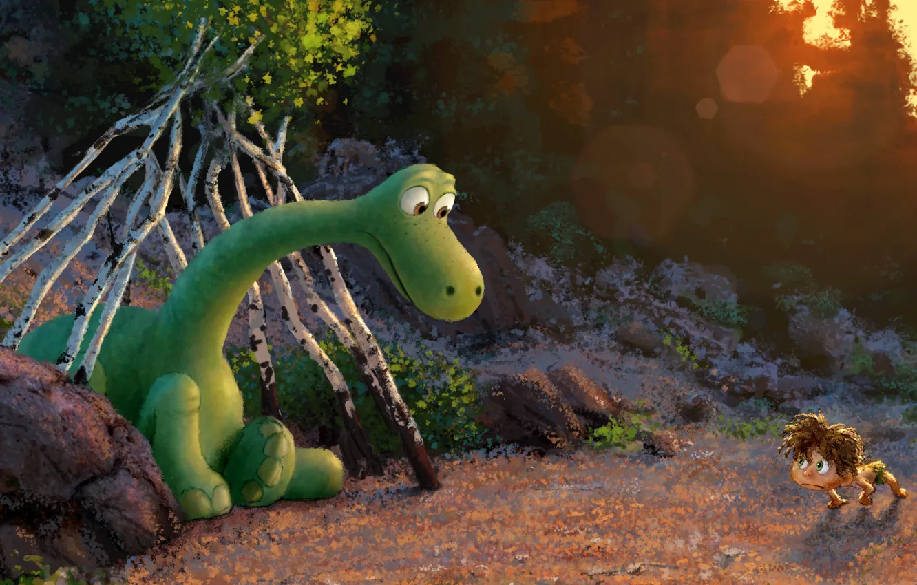Фото обои лес, зеленый, рисунок, мультфильм, динозавр, мальчик, фэнтези, арт