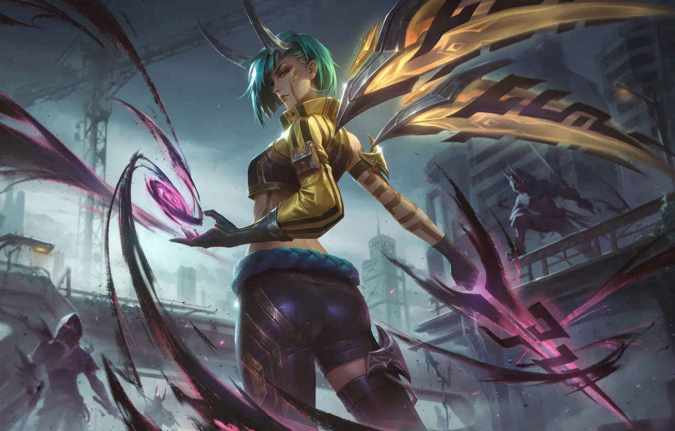 Фото обои girl, fighter, style, green hair, city​​, League Of Legends, Shadow Warrior, Kaisa