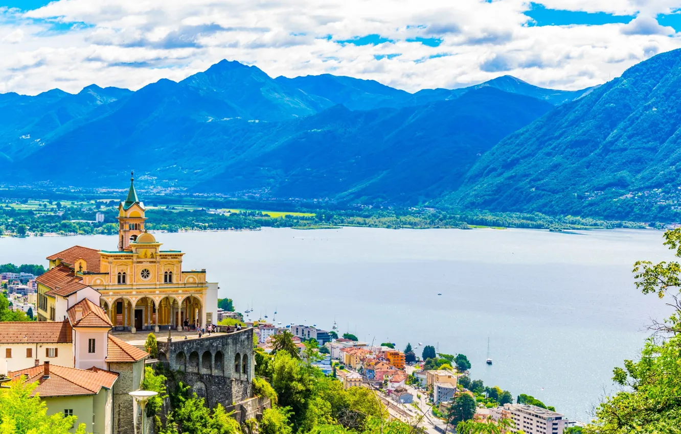 Фото обои горы, озеро, Швейцария, Альпы, церковь, Маджоре, Локарно, Santuario della Madonna del Sasso