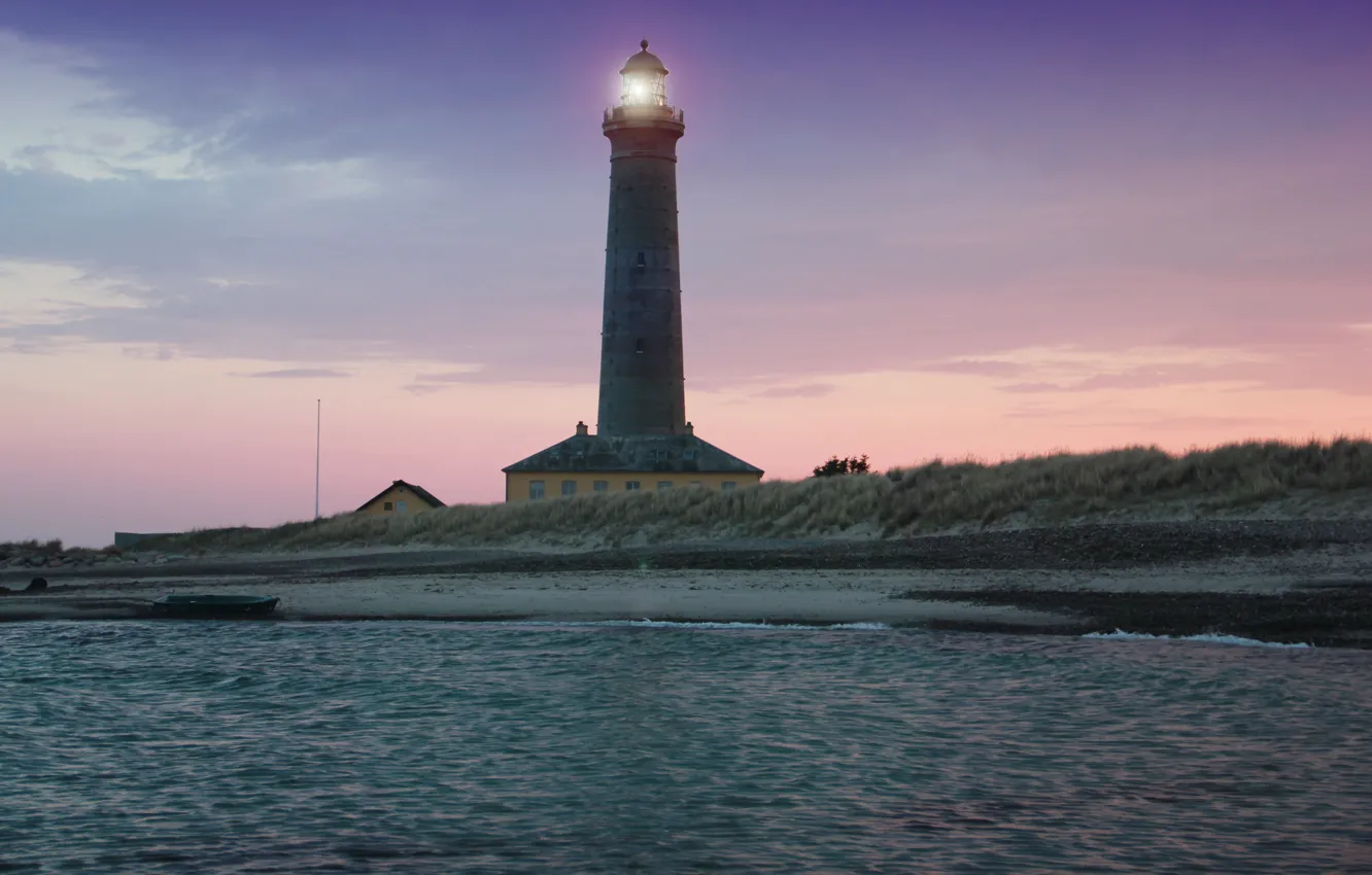 Фото обои море, закат, берег, маяк, Дания, горизонт, light, skyline