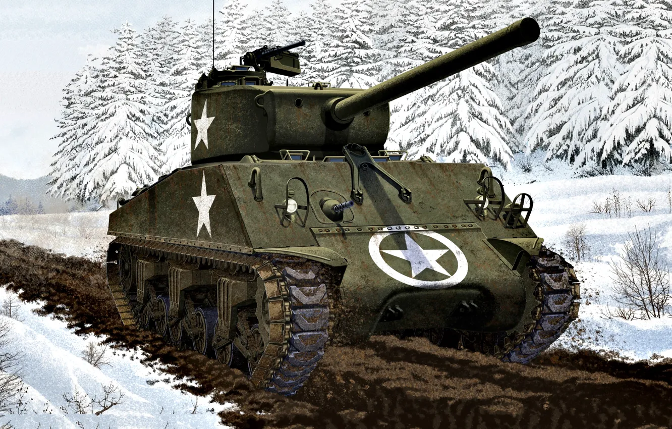 Фото обои Зима, Лес, USA, Танк, US Army, Cнег, Sherman M4A3(76)W, Грунтовая дорога