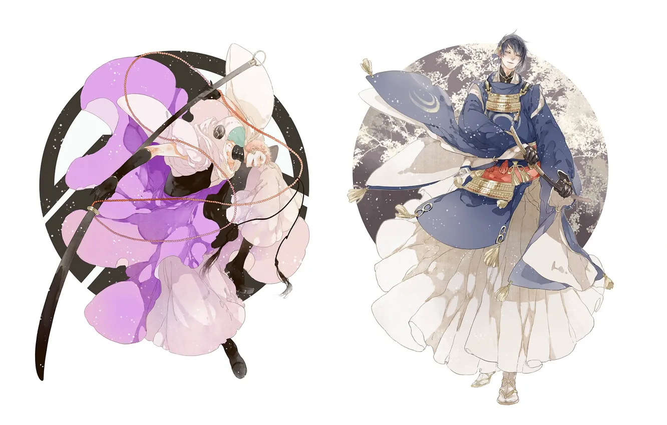 Фото обои катана, белый фон, перчатки, японская одежда, самураи, Touken Ranbu, Mikazuki Munechika, Танец Мечей
