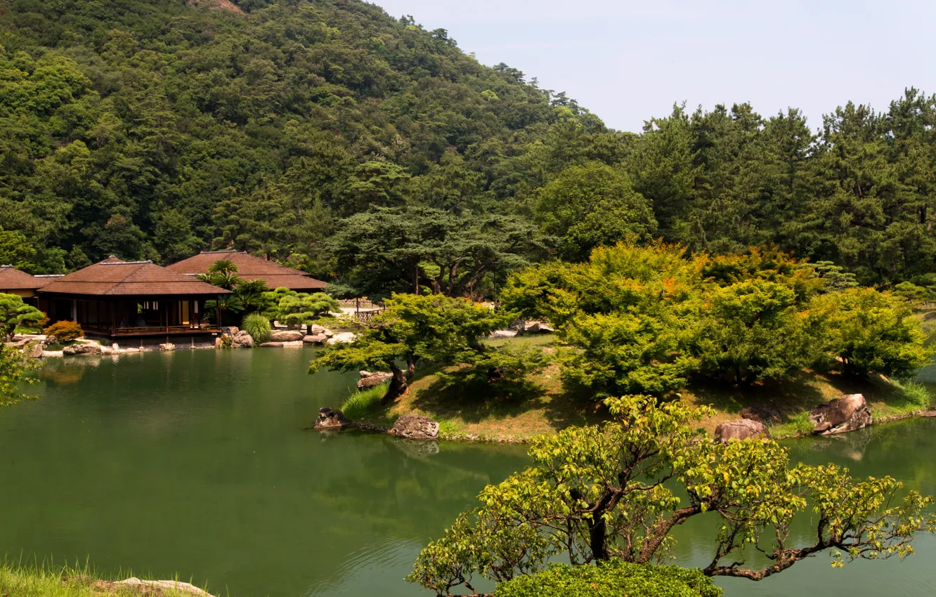 Фото обои зелень, деревья, пруд, парк, Япония, кусты, Takamatsu Ritsurin garden, беседки