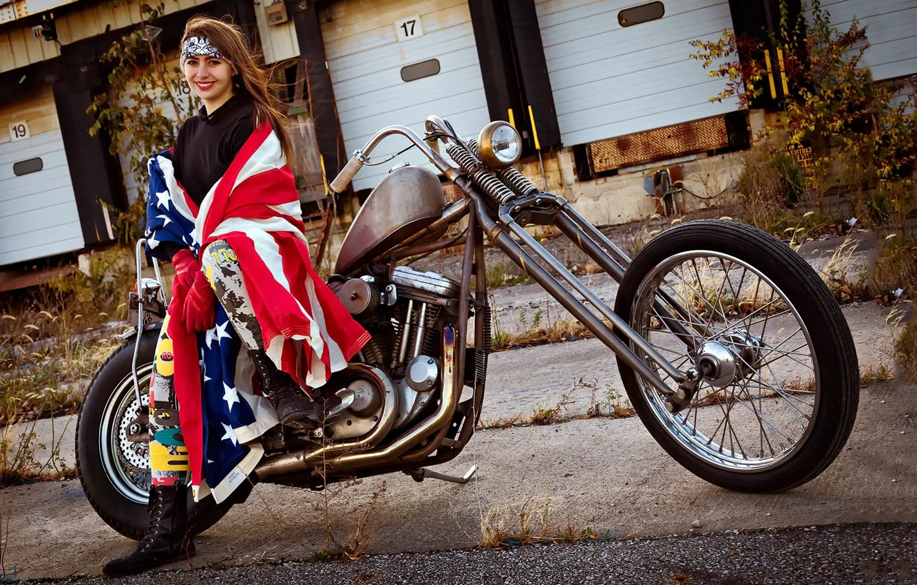 Фото обои chopper, motorcycle, model, american flag, Katerina, American Girl