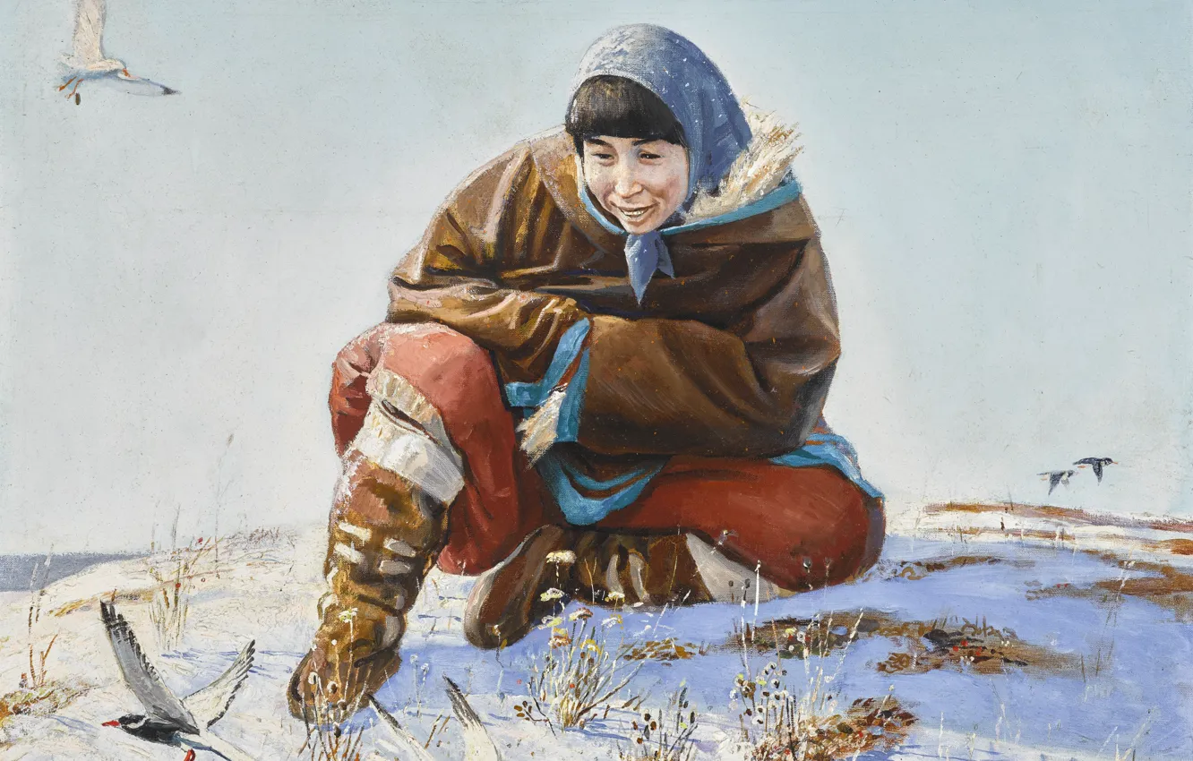 Фото обои зима, птички, Andrei Alekseevich Yakovlev, женщина в платке, ARCTIC WONDER