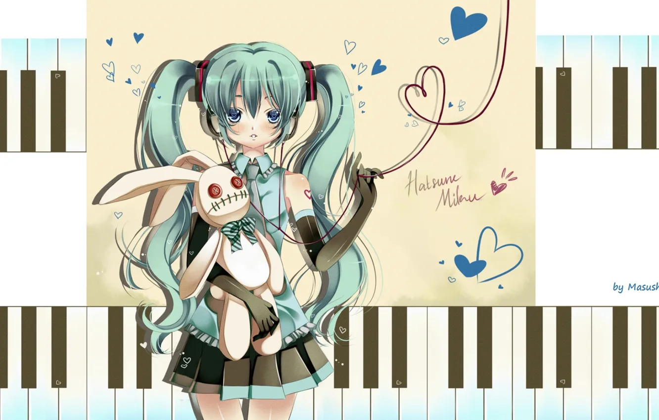 Фото обои наушники, клавиши, галстук, сердечки, перчатки, vocaloid, Hatsune Miku, вокалоид