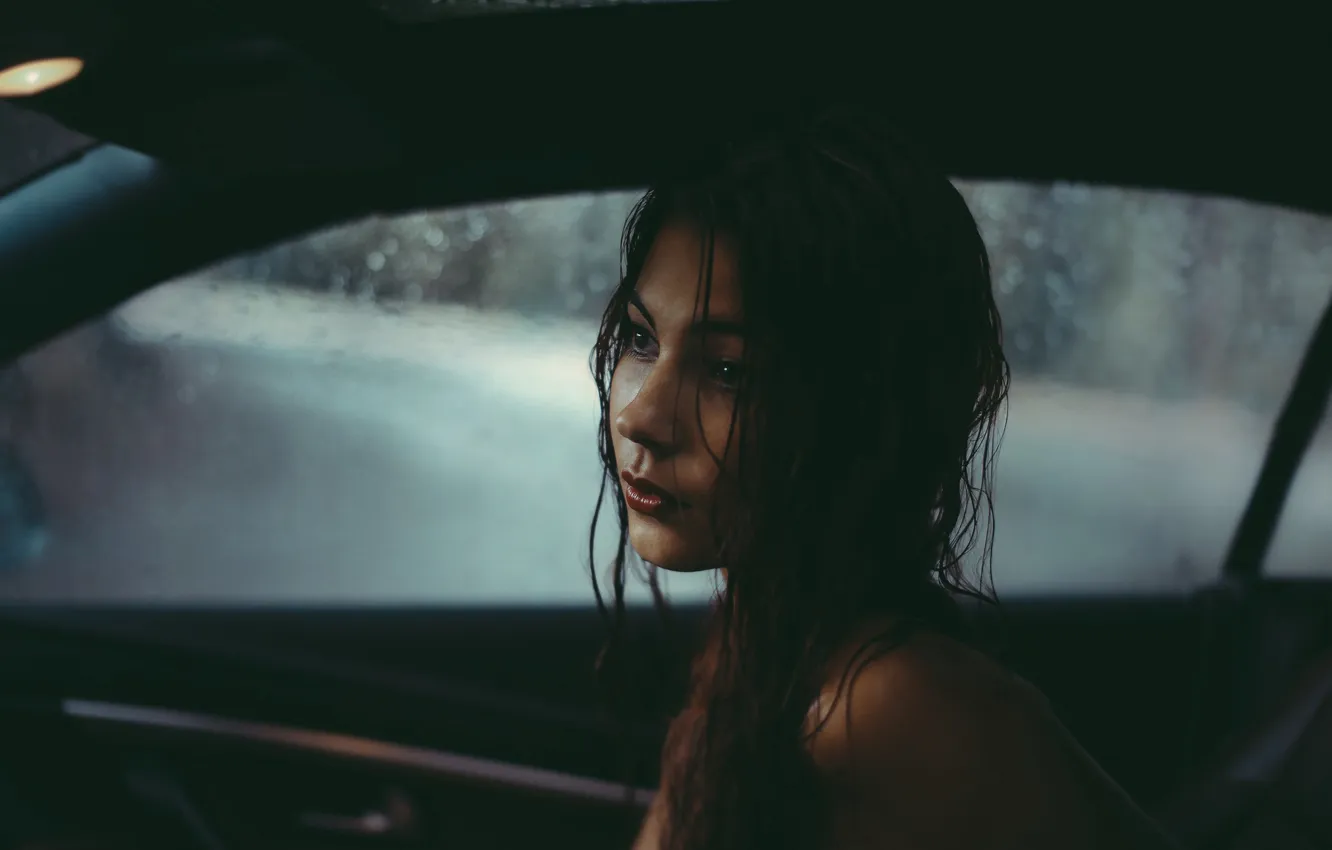 Фото обои авто, взгляд, дождь, портрет, макияж