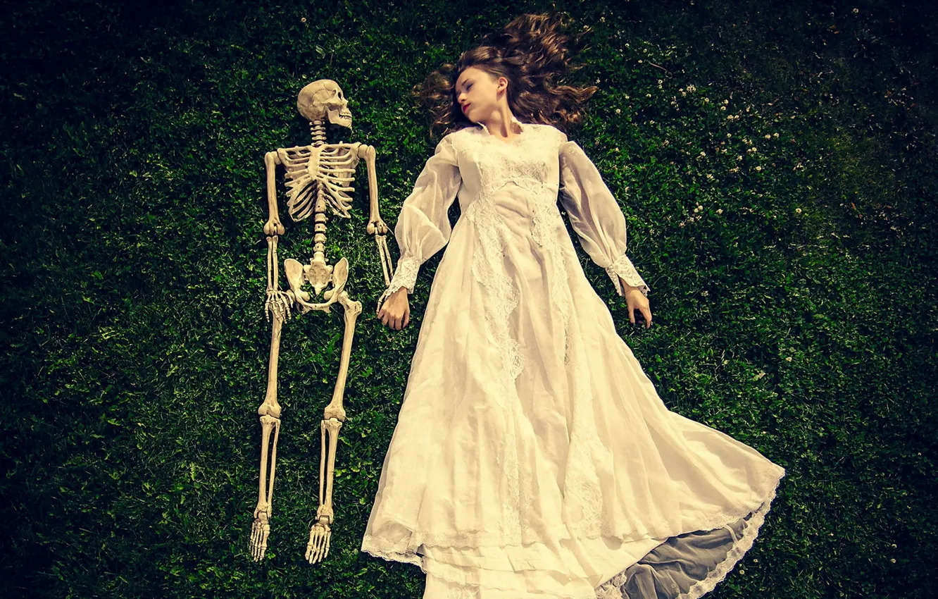 Фото обои девушка, фон, скелет
