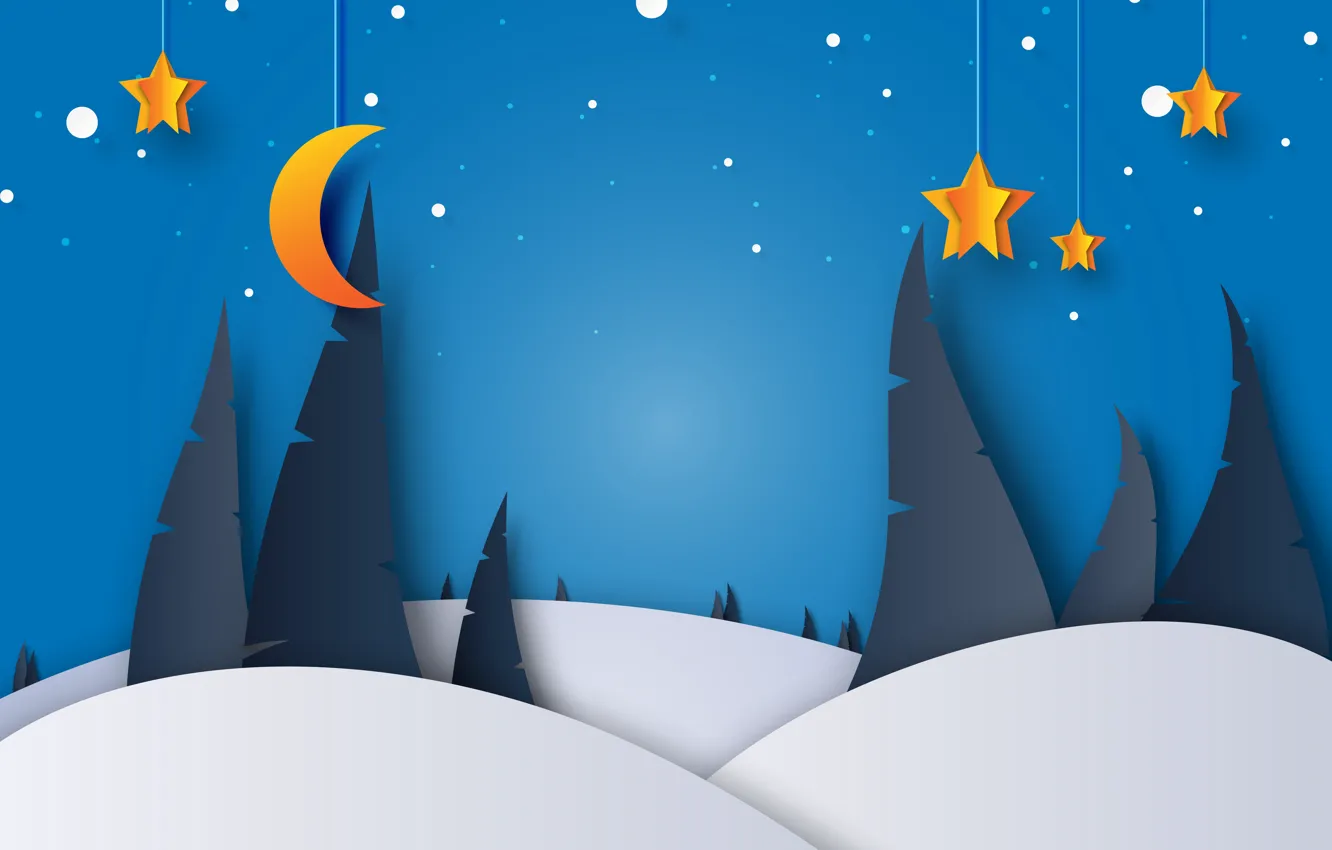 Фото обои зима, снег, ночь, луна, елки