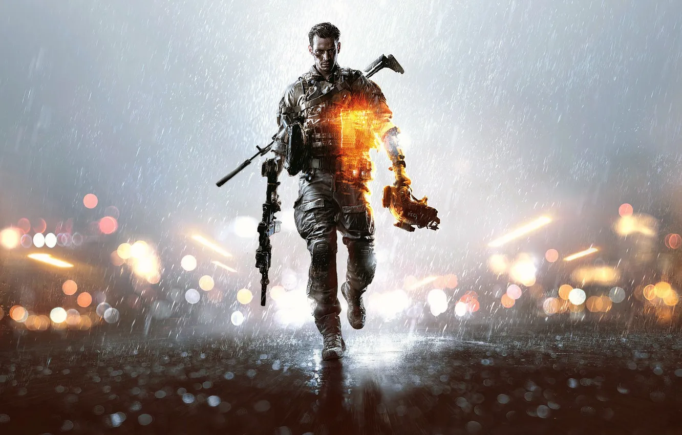 Фото обои огни, оружие, дождь, солдат, шлем, экипировка, каска, бронежилет