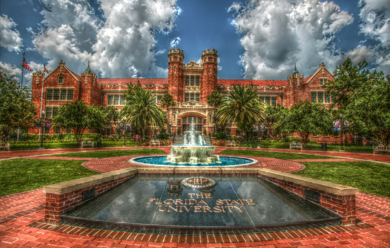 Фото обои пальмы, газон, обработка, Флорида, фонтан, США, университет, Florida State University