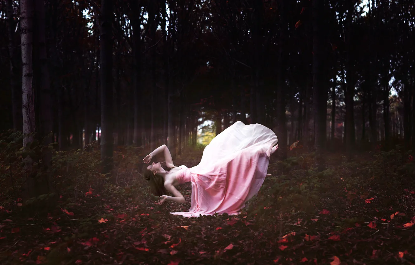 Фото обои лес, девушка, платье, в розовом, левитация, Dreamland