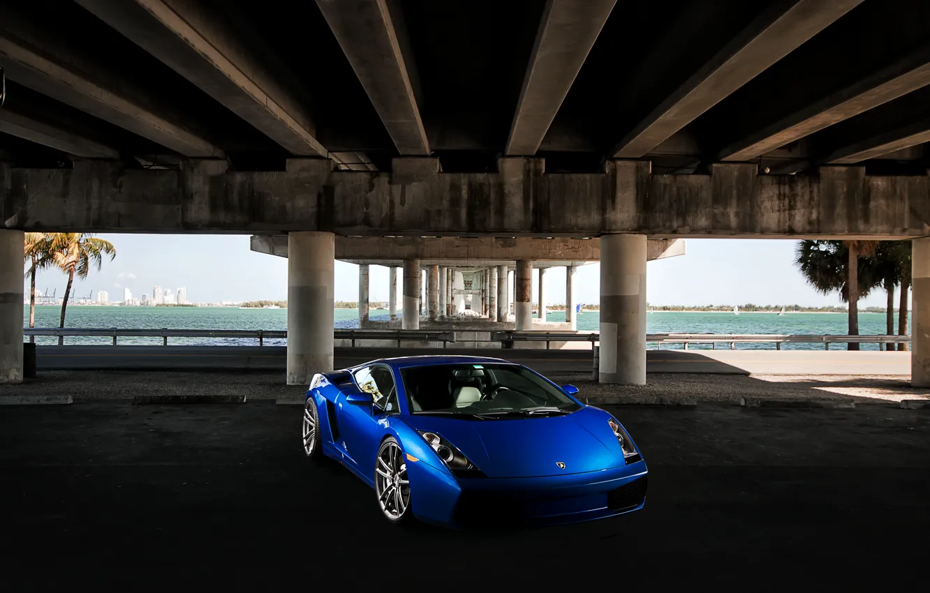 Фото обои небо, синий, мост, пальмы, Lamborghini, Gallardo, ламборджини, blue