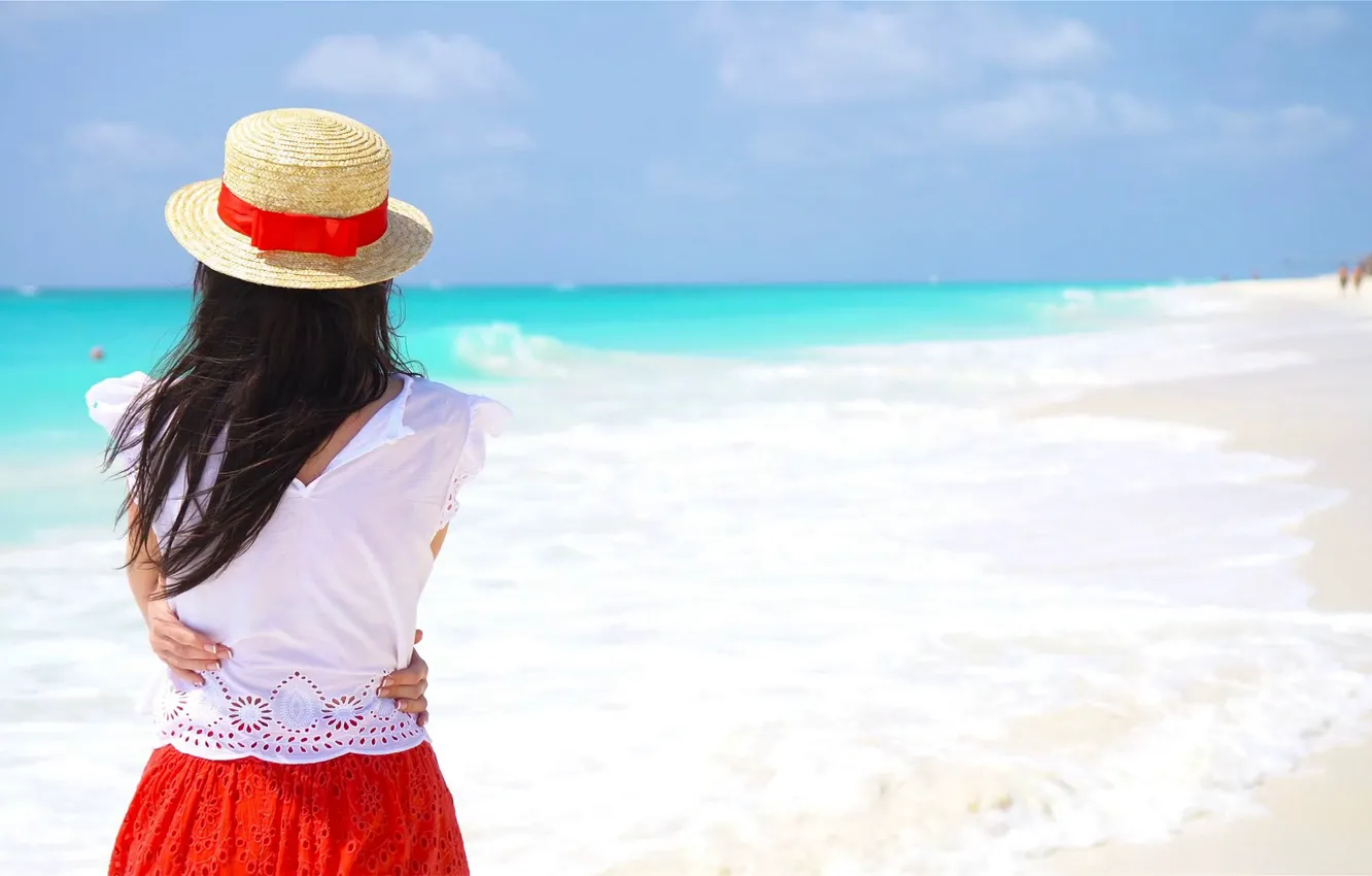 Фото обои море, пляж, лето, девушка, шляпка