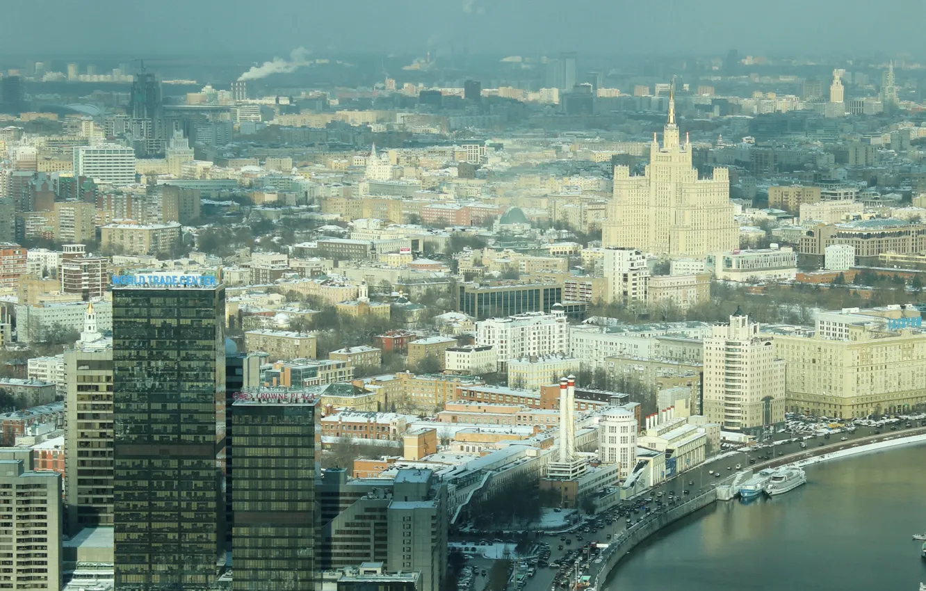 Фото обои город, река, здания, дома, Москва, столица, Moskow, панорама высота