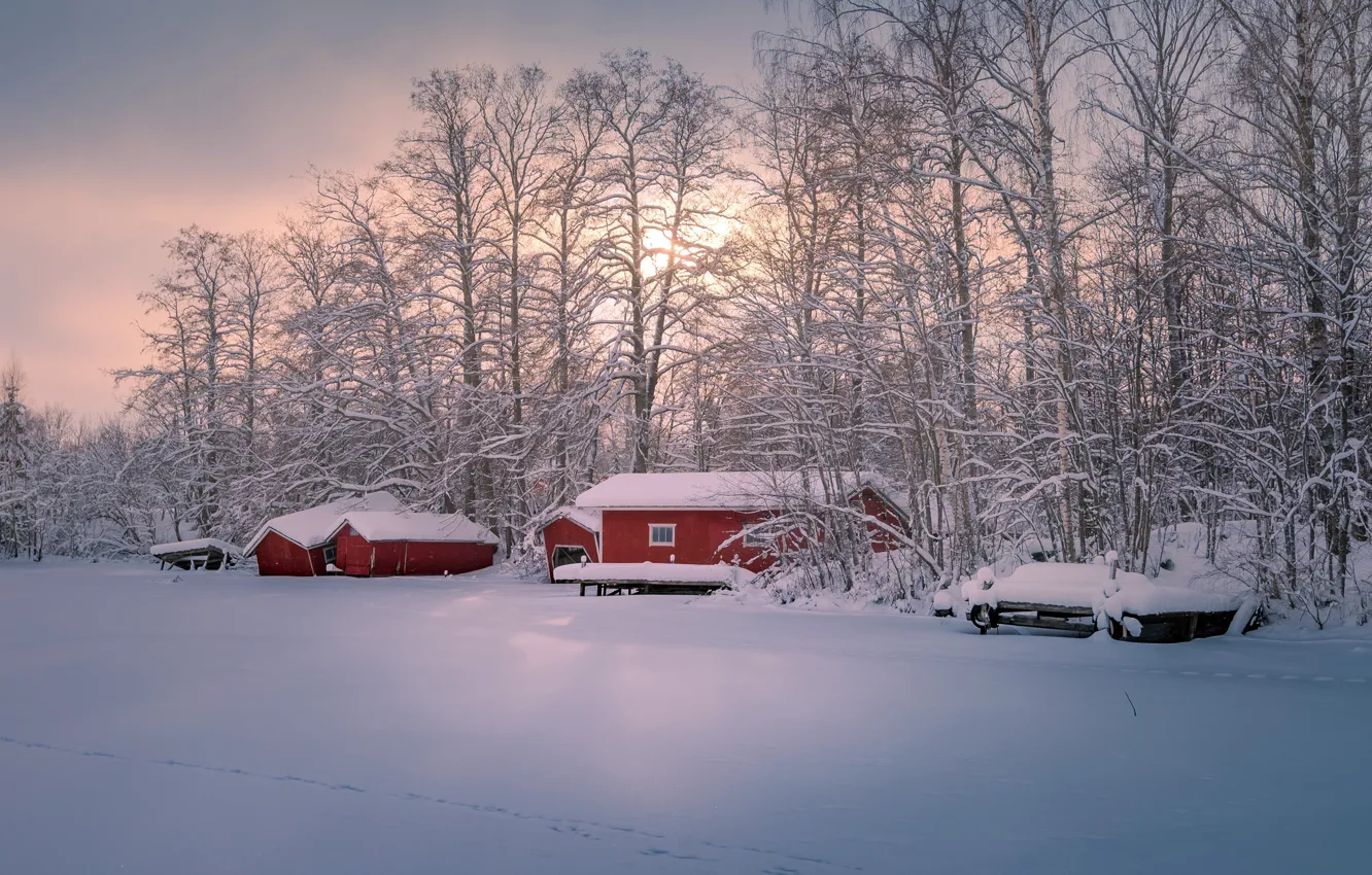 Фото обои зима, снег, домики