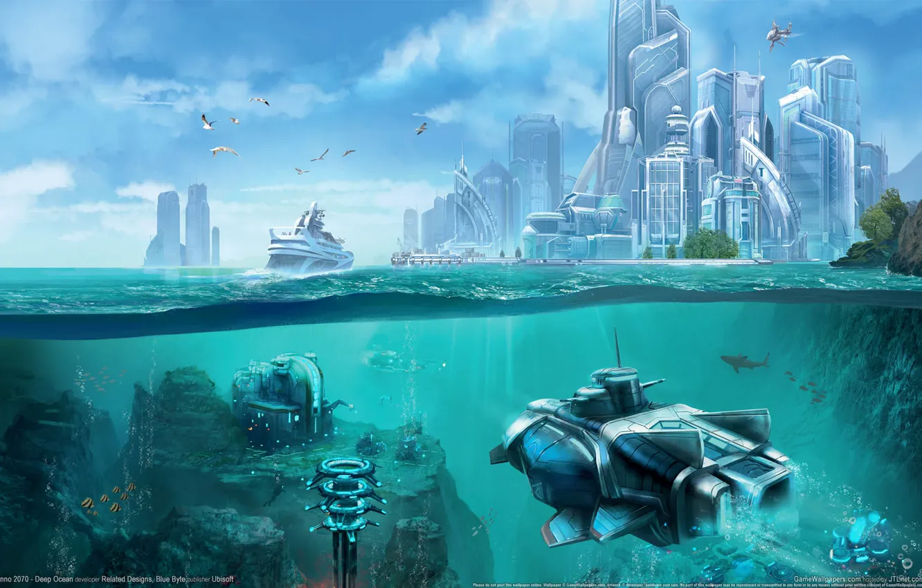 Фото обои небо, город, будущее, океан, корабль, чайки, станция, future