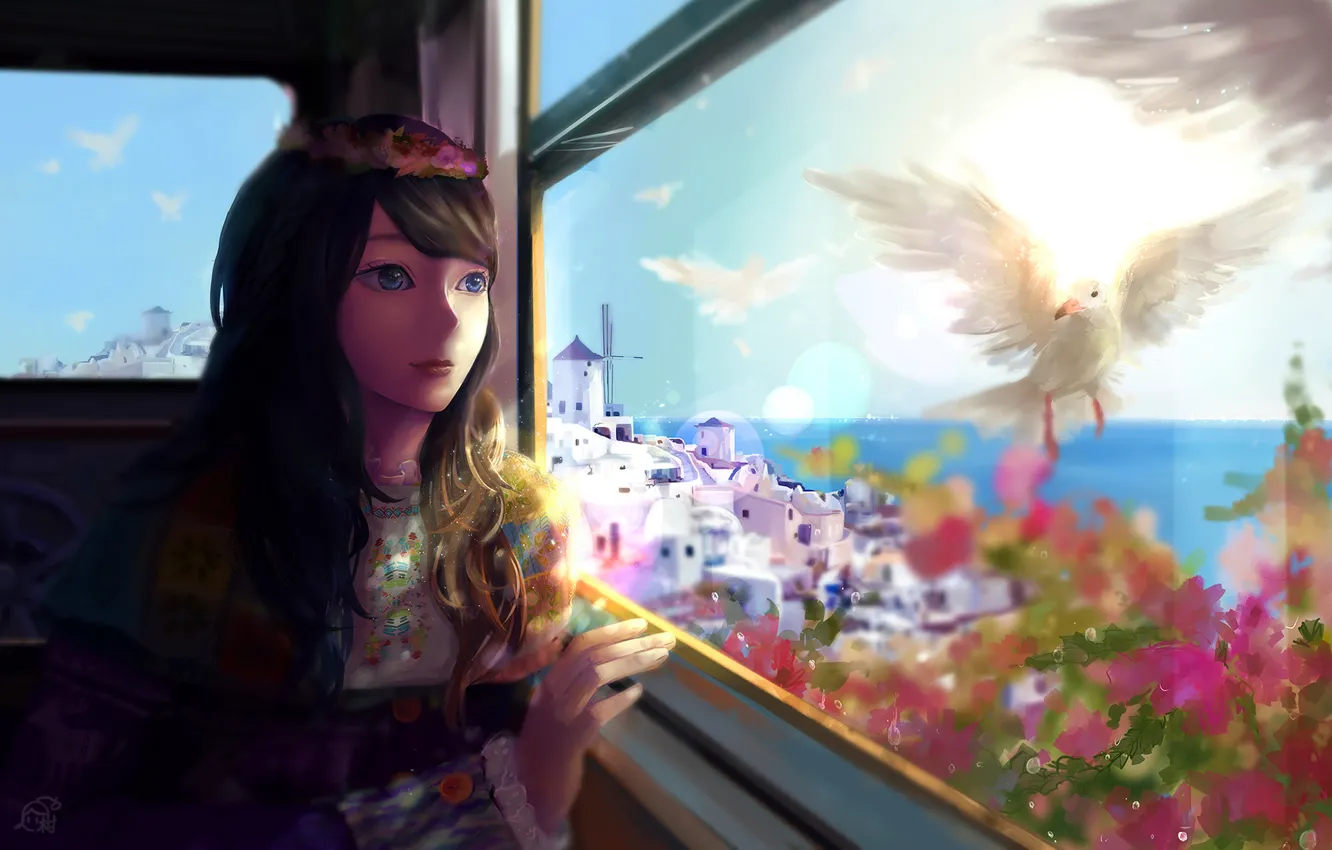 Фото обои девушка, цветы, птицы, город, океан, аниме, окно, арт