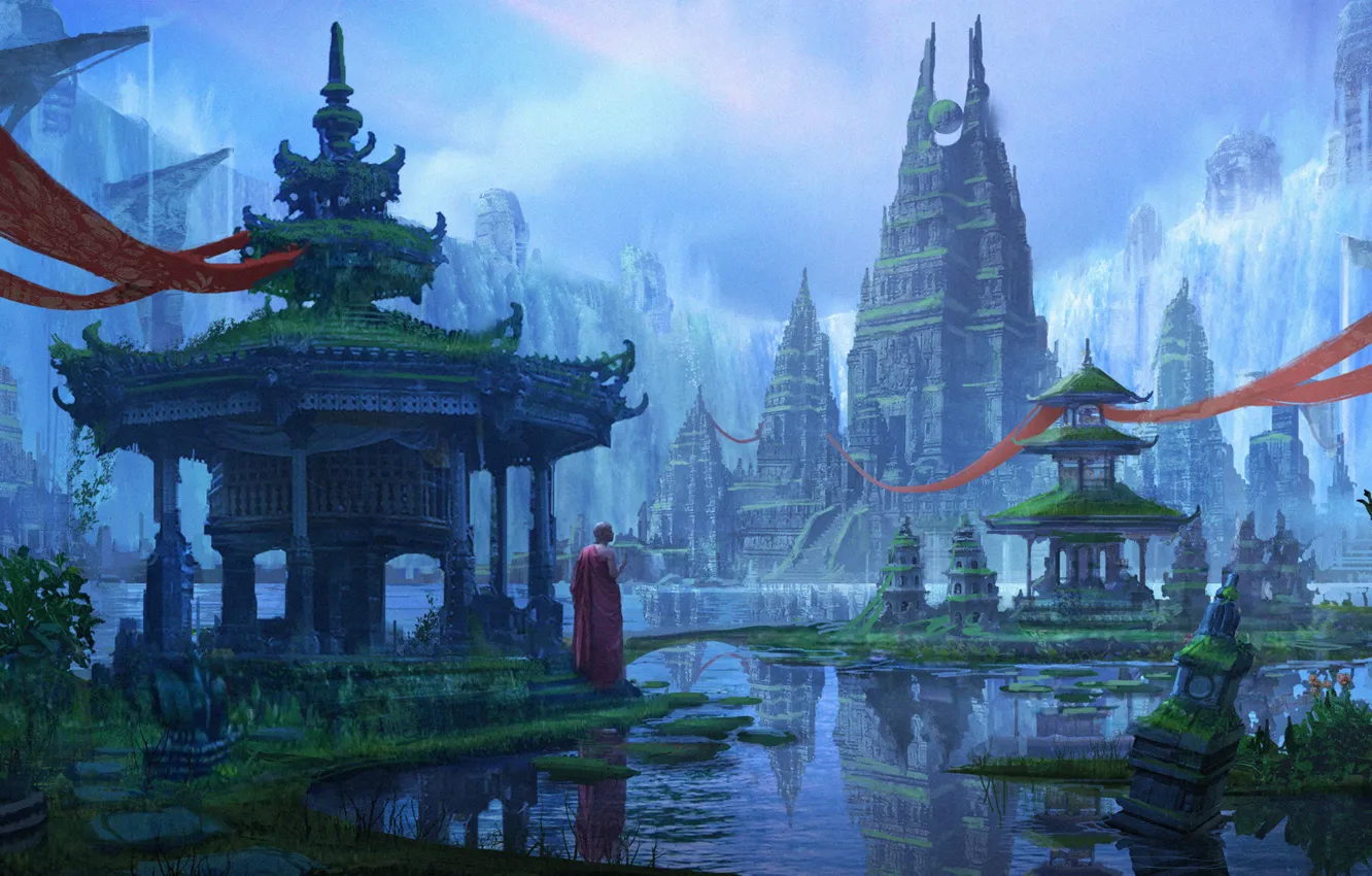 Фото обои вода, фантастика, башня, монах, храм, atlantis, art