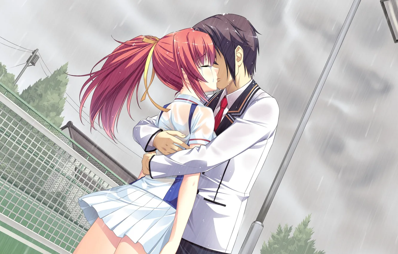 Фото обои девушка, дождь, игра, поцелуй, аниме, арт, парень, Mote Sugite Shuraba na Ore