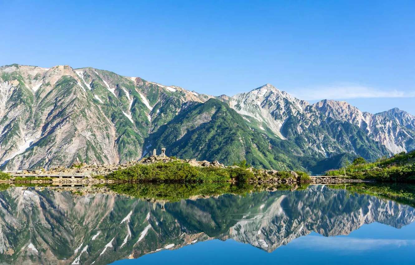 Фото обои горы, озеро, отражение, Япония, Хакуба