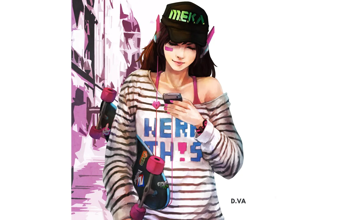 Фото обои девушка, наушники, телефон, art, skateboard, overwatch, D.Va, Hana Song