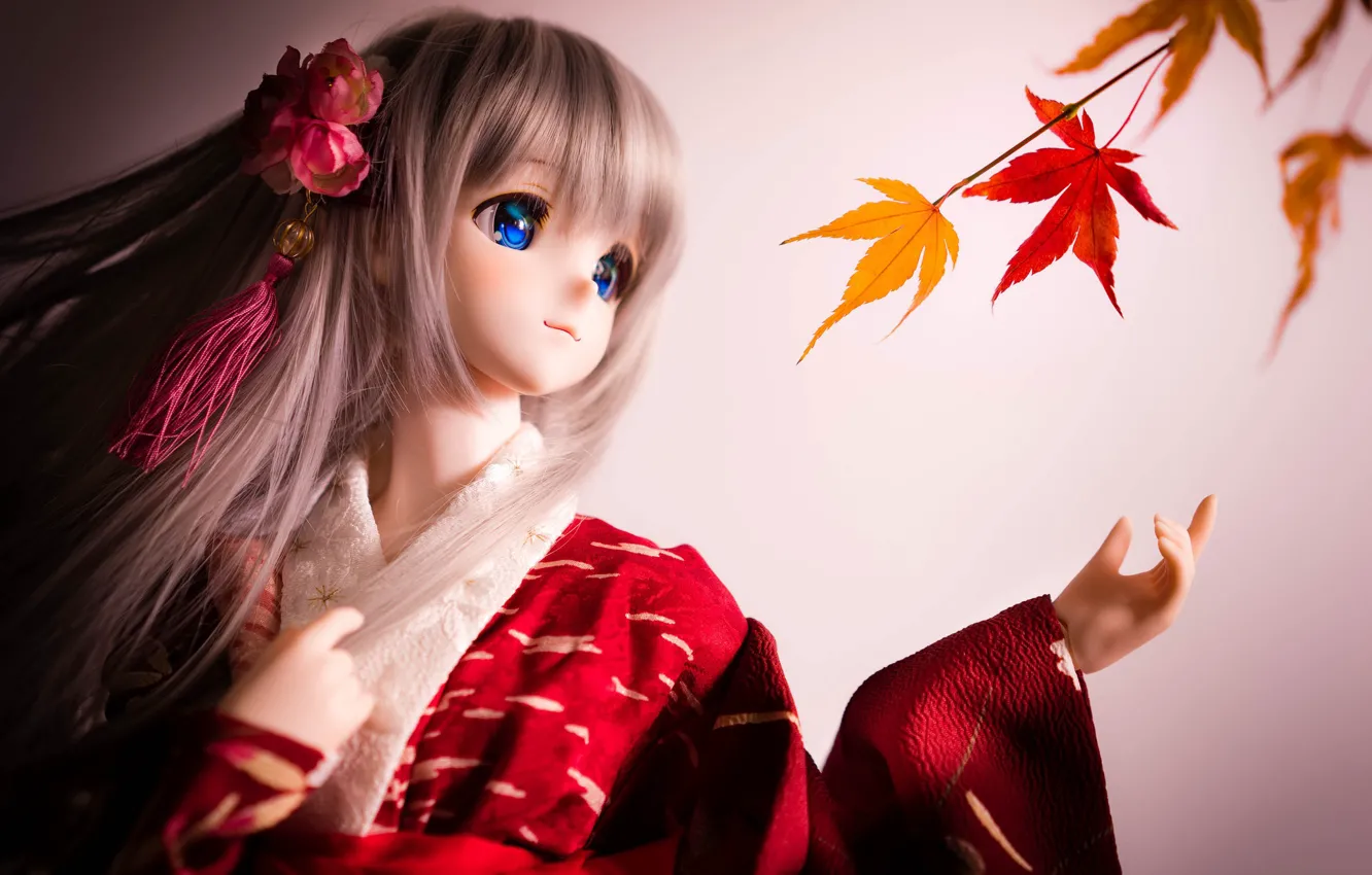 Фото обои кукла, кимоно, клен