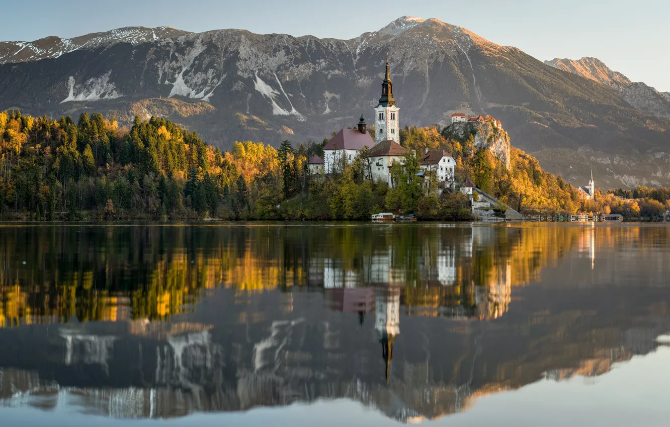 Фото обои осень, горы, озеро, отражение, остров, Словения, Lake Bled, Slovenia