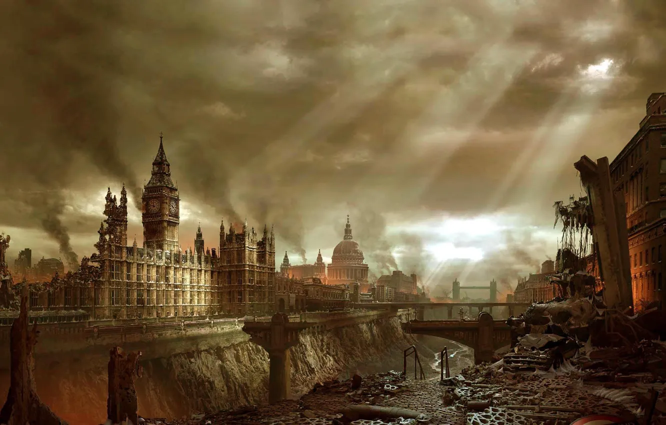Фото обои город, апокалипсис, Лондон, здания, катастрофа, Биг Бен