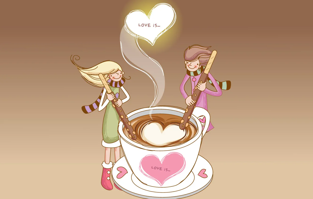 Фото обои любовь, кофе, палочки, пара, сердечки, чудесное чувство, love is