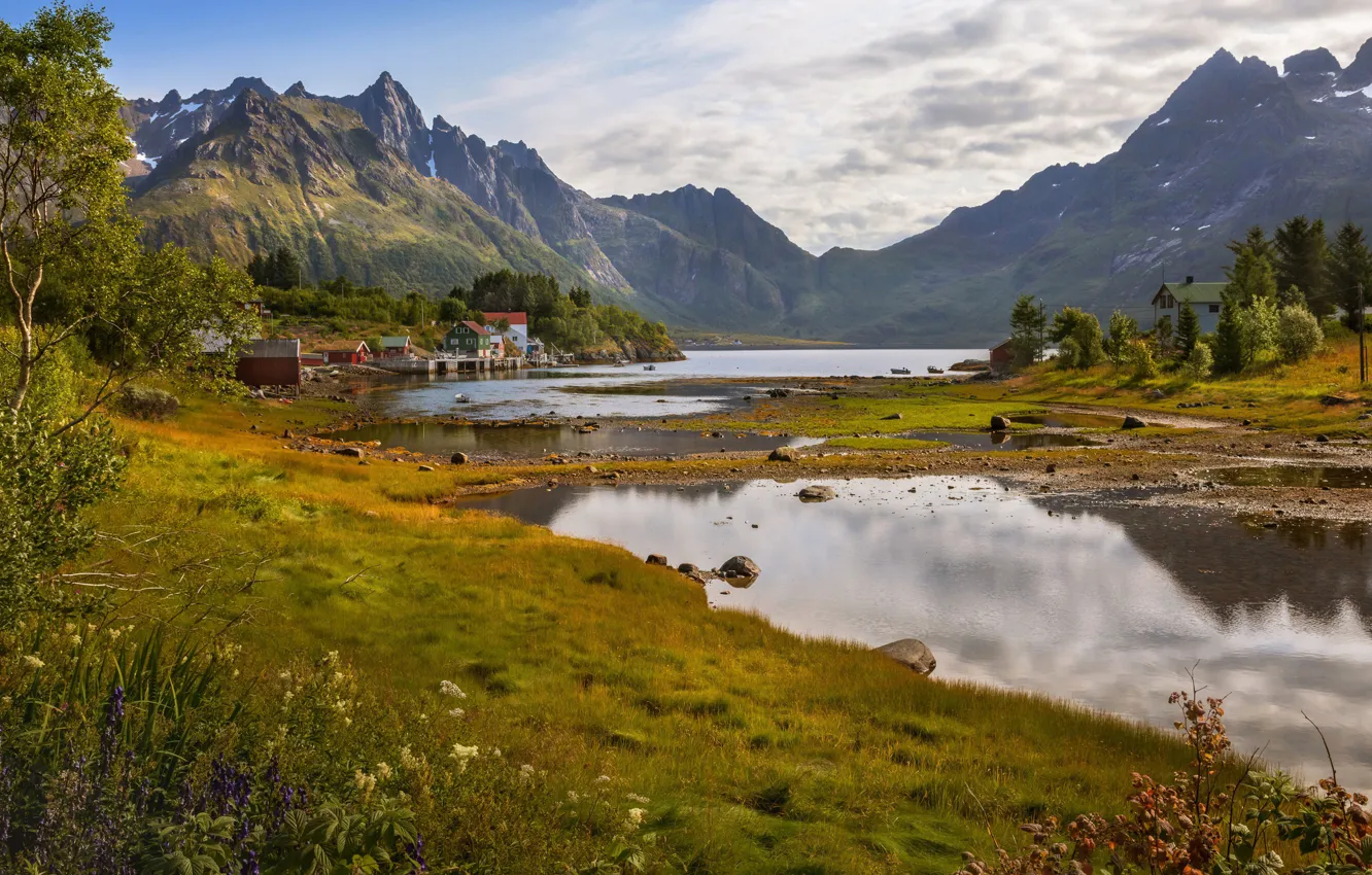 Фото обои вода, пейзаж, горы, природа, озеро, дома, деревня, Норвегия