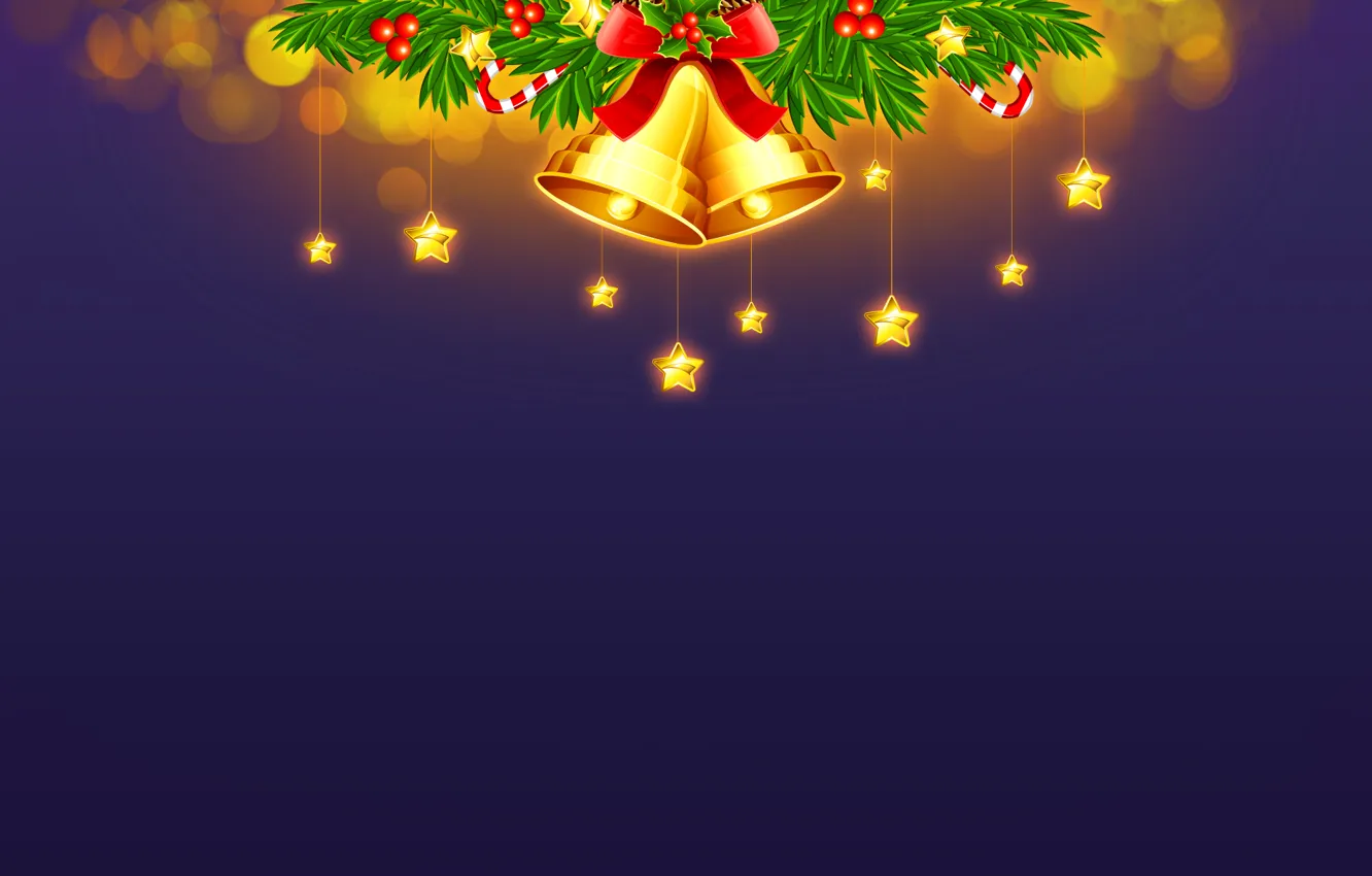Фото обои звезды, свет, игрушки, елка, новый год, рождество, ель, колокольчики