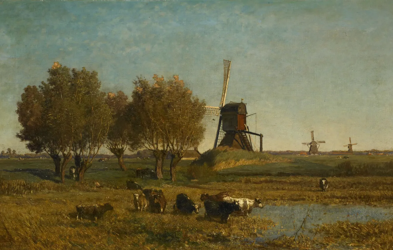 Фото обои масло, картина, холст, 1877, Paul Gabriel, Пол Габриель, Пейзаж с тремя ветряными мельницами