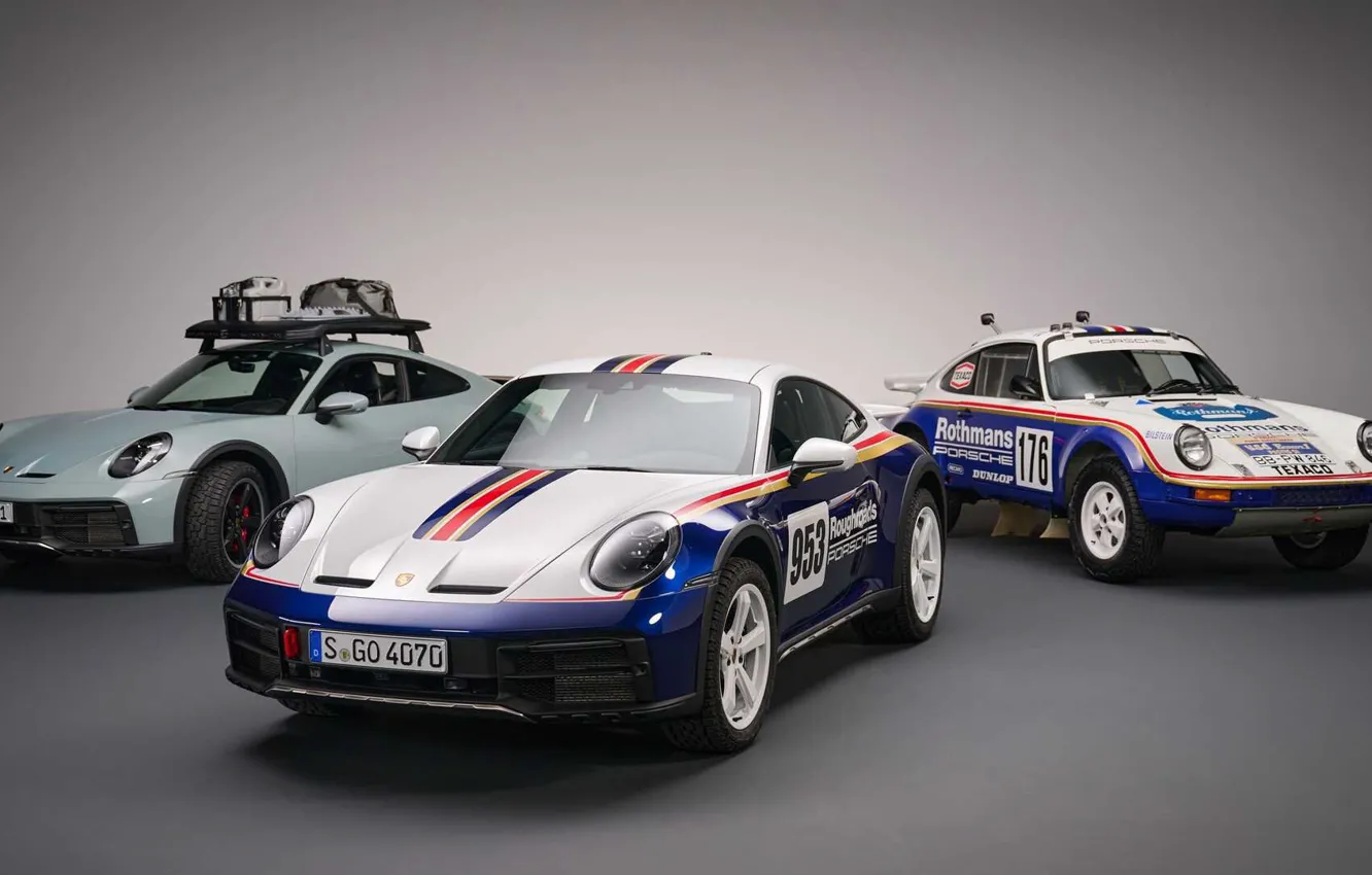 Фото обои Porsche 911, Dakar, три автомобиля, Porsche 911 Dakar