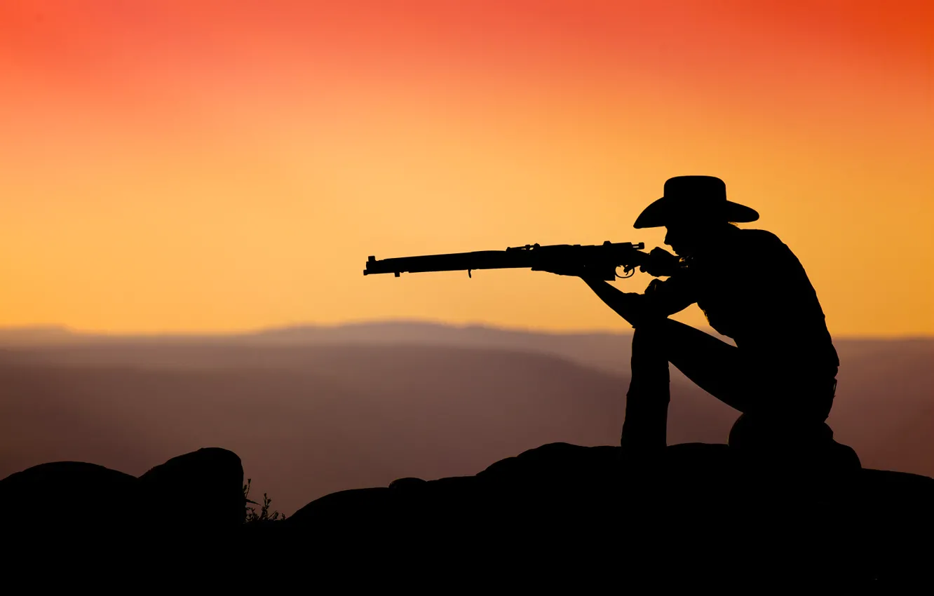 Фото обои закат, ковбой, винтовка, энфилд